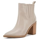 Womens Slip on Booties Chunky Stacked Mid Heel Leather Pointed Toe Elastic Side Fashion Western Ankle Boots Nude 9.5