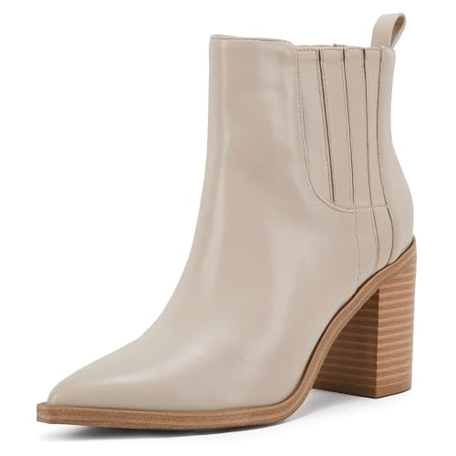 Womens Slip on Booties Chunky Stacked Mid Heel Leather Pointed Toe Elastic Side Fashion Western Ankle Boots Nude 9.5