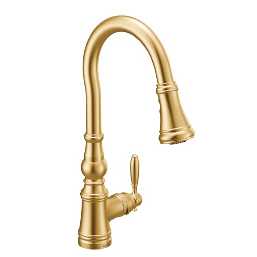 Moen Weymouth Brushed Gold Traditional Shepherd's Hook Pulldown Kitchen Faucet Featuring Pull Down...