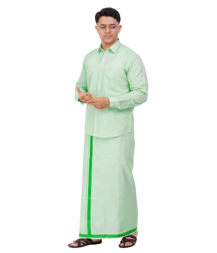 Image of Men's Traditional Indian Shirt and Dhoti Set, Full Sleeves Tissue Silk Cotton Shirt With Dhoti 2 metres for men