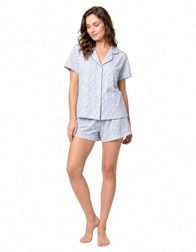 Laura Ashley Womens Floral Pajamas 2 Piece Cotton Blend Button Down Short Sleeve Top and Shorts Set (Medium Blue Floral)