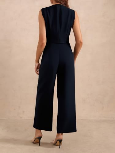 Women's 2 Piece Business Casual Outfit Button Down V Neck Vest Top and Wide Leg Pants Set2