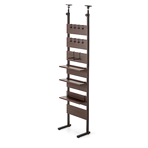 サンワダイレクト 突っ張りラック 棚 幅45cm 【総耐荷重60kg】 壁面収納 高さ194〜258cm 棚板3枚・フック10個付き おしゃれ スリム ダークブラウン 100-TSF001BR