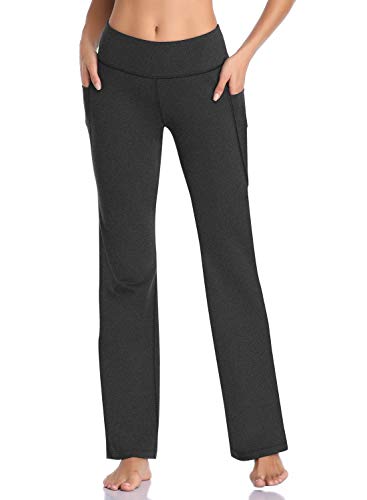 HISKYWIN Side Pockets Yoga Pants 4 Way Stretch Tummy Control Workout Running Pants, Long Bootleg Flare Pants HF201-Charcoal-L