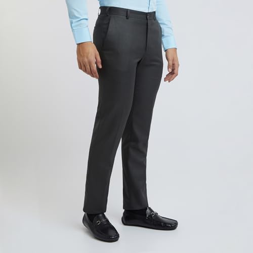 Image of Raymond Men's Slim Fit Mid Rise Structure Pattern Poly Viscose Blend Flat Front Formal Trouser
