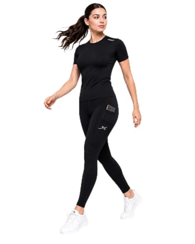 Image of Women's Gym Co-ord Set, Black, Premium Athletic Leggings with Phone Pocket and Short Sleeve Top