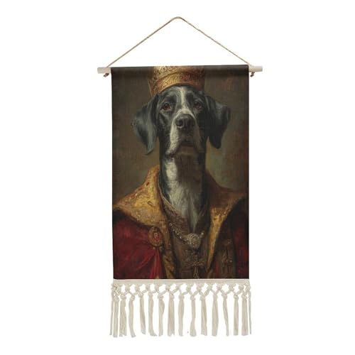 Jubonexis Arazzo da parete in lino, poster vintage da parete con nappe e asta in legno per appendere il cane con corona reale