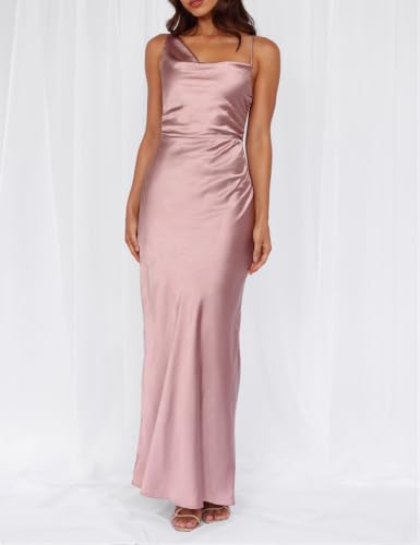 Image of Formal Satin Silk Spaghetti Strap Maxi Dresses for Women Wedding Guest