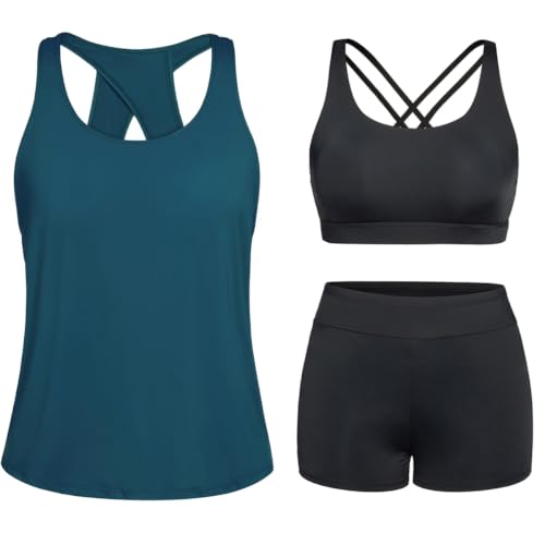 Tempt Me Blue Green 3 Piece Tankini Swimsuits for Women Athletic Bathing Suits Swim Tank Top with Boy Shorts and Bra Modest Swimwear L