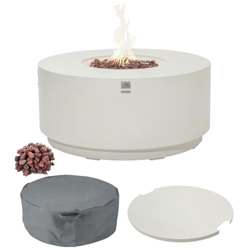 Image of AMS Round Concrete GFRC Propane Gas Fire Pit Table Bundle (Cream White)