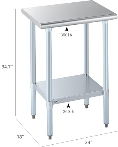 Image of ROCKPOINT Stainless Steel Table for Prep & Work 18x24 Inches, NSF Metal Commercial Kitchen Heavy Duty Table with Adjustable Under Shelf and Table Foot for Restaurant, Home and Hotel