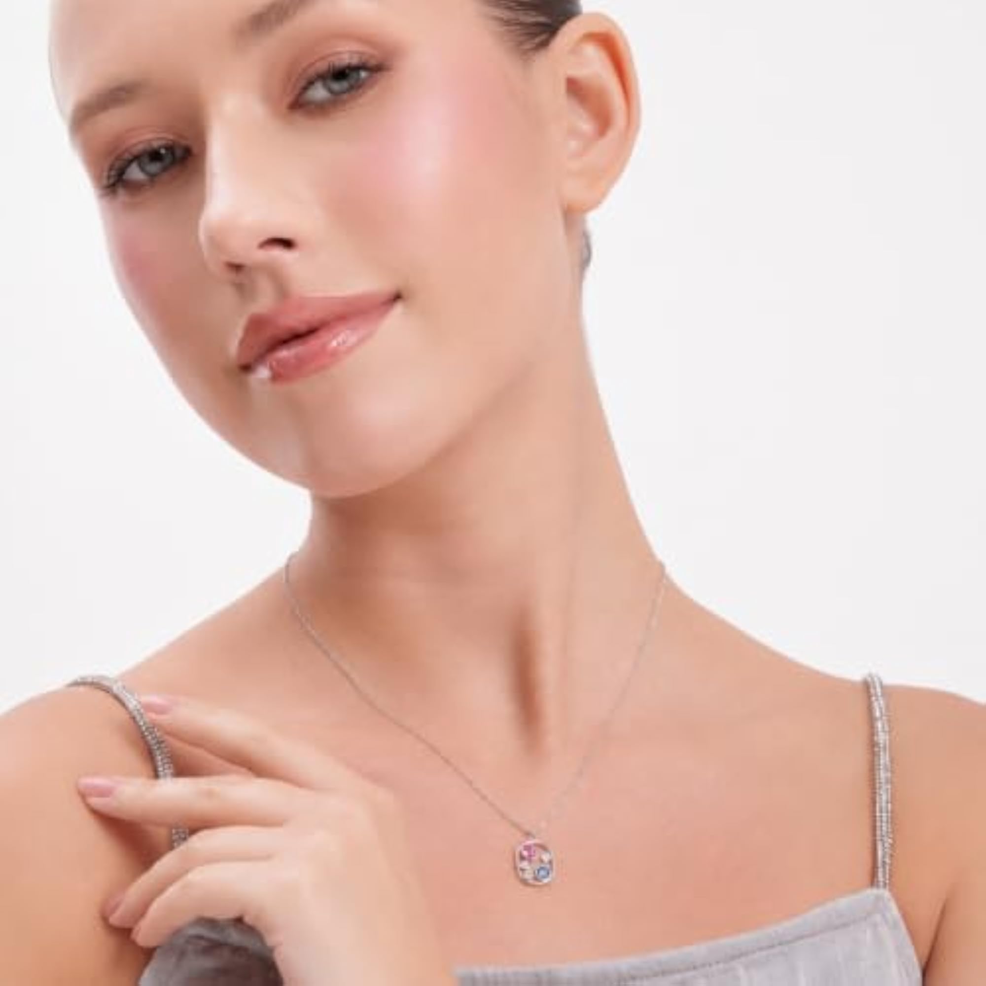 Women's 925 Sterling Silver Multi Stone Oval Necklace