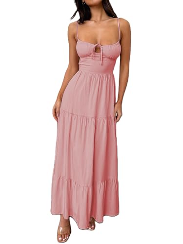 Image of Womens Y2k Long Dress Spaghetti Strap Low Cut Dress Casual Backless Flowy Maxi Dress Clubwear