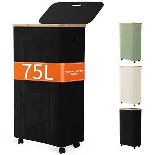 Laundry Basket with Wheels, Dirty Clothes Hamper on Wheels, Rolling Tall Laundry Hamper with lid for Laundry Room, Dorm and Bathroom, 75L Black