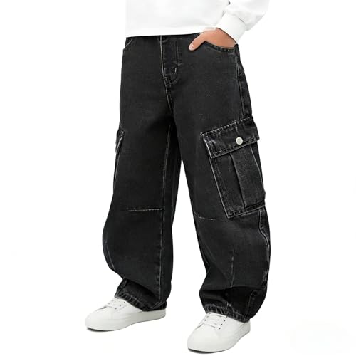 Tenfinordi Boys Baggy Jeans Black Y2k Barrel Cargo Jeans Kids Elastic Waist Wide Leg Cargo Denim Pants Hip Hop Vintage Streetwear for Summer Size 10