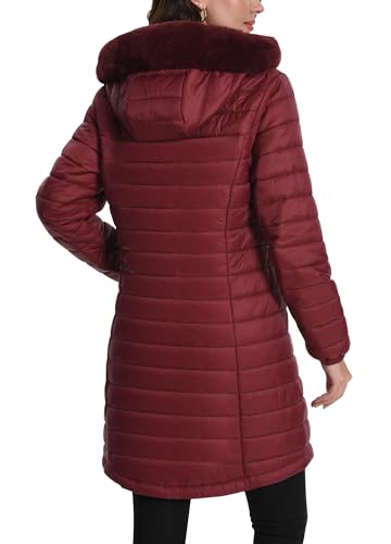 ATLASLAVA Damen Winterjacke Lang Wintermantel Steppjacke Übergangsjacke Daunenjacke Wasserdicht Warm Leichte Kapuze Frauen Winter Mantel Outdoor Weinrot M
