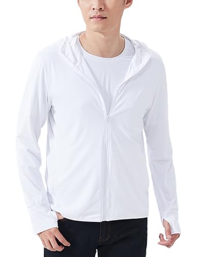 Sukany Herren-Kapuzenpullover mit LSF 50+, Sonnenschutz, leicht, athletisch, UV-Jacke, Laufen, dünn, Reißverschluss, Outdoor-Wandern, langärmelig, LSF Shirt mit Daumenlöchern, weiß, M