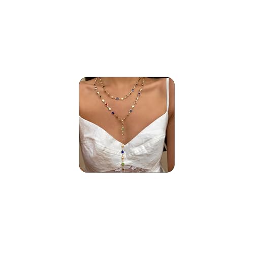 Colorful Crystal Long Necklace for Women Dainty Boho Y-Shaped Color Bead Necklaces Sparkly Rhinestone Pendant Layered Gold Long Chain Choker Good Luck Trend Jewelry Gift Jewelry