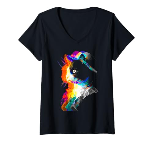 Mujer Minuet Colorido Gato Amante Dibujo Motivo Ilustración Camiseta Cuello V