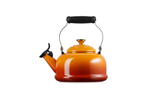 Le Creuset Enamel on Steel Whistling Tea Kettle with Gold Finishes, 1.7 qt., Persimmon