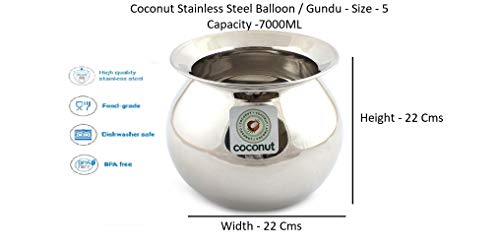 Image of Coconut Stainless Steel Heavy Gauge Pongal Pot | Gundu Balloon Handi | Multipurpose Steel Cooking Vessel | Rust Resistant, Durable Kitchen Pot for Daily & Festival Use (7000ml)