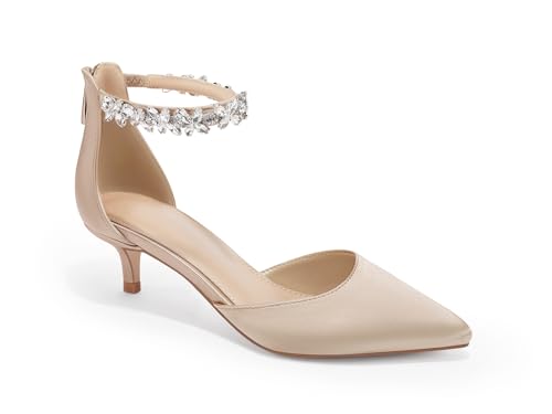 Image of Women's Wedding Rhinestones Low Kitten Heels Pumps Pointed Toe Dress Evening Shoes for Women Bridal Bride, Champagne, Size 7.5