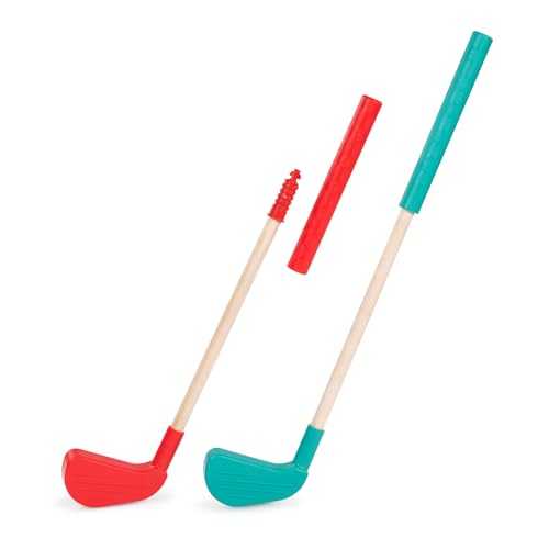 Image of B. toys Toy Golf Set, Hole-in-Fun with Wooden Clubs, 15-Piece Play | 15-piece mini golf set with 2 clubs, 4 balls, 4 cups, 4 numbered flags, storage bag, indoor or outdoor play, ages 3 years +
