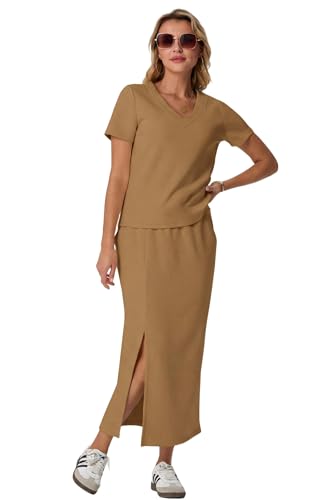 Image of GRECERELLE Women Summer Casual 2 Piece Sets V-Neck Wrinkle-Free Top & Elastic Waist Midi Side Slit Skirt with Pockets