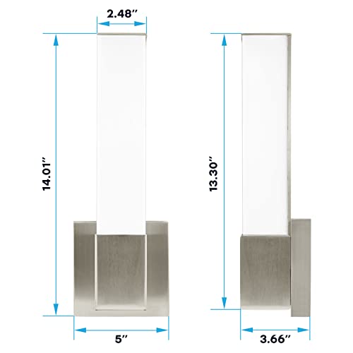 Image of LUXRITE 14 inch Modern LED Wall Sconces Set of Two, Brushed Nickel, Bathroom Vanity Light Fixtures, 5 Color Options 2700K-5000K, CRI 90, 1050 Lumens, Dimmable, Damp Rated, ETL Listed, Square Wall Lamp