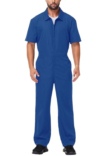 AOBUTE Blue Overalls Men Women Zip Up Short Sleeve Jumpsuit Halloween Killer Caddy Costume Overalls 2XL