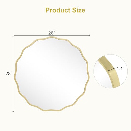 WallBeyond 円形波状ミラー 壁装飾用 71.1 cm、モダン ラウンド ミラー アルミニウム フレーム サークル ウォール ミラー 浴室 寝室 リビングルーム ホーム ハウス オフィス エントランス ゴールド