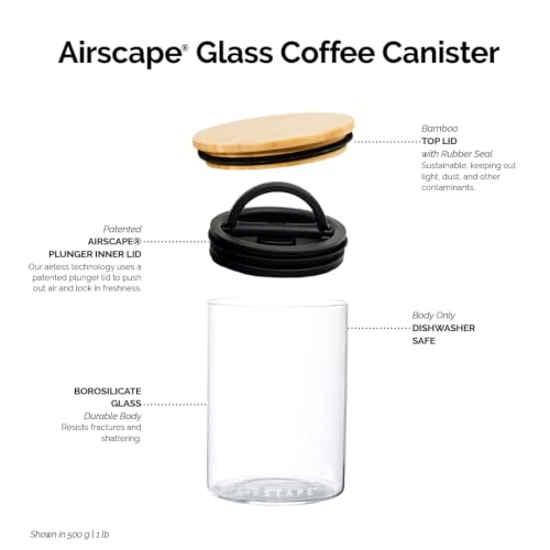 Image of AirScape Glass Food Storage Canister - Glass Storage With US Patented Airless Inner Lid & Bamboo Top Lid - Preserves Food Freshness (Medium 7-Inch)
