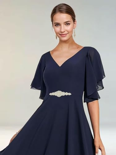 ISABUFEI Mother of The Bride Dresses – Tea Length Flutter Sleeves V Neck Lace Applique Chiffon Dress4