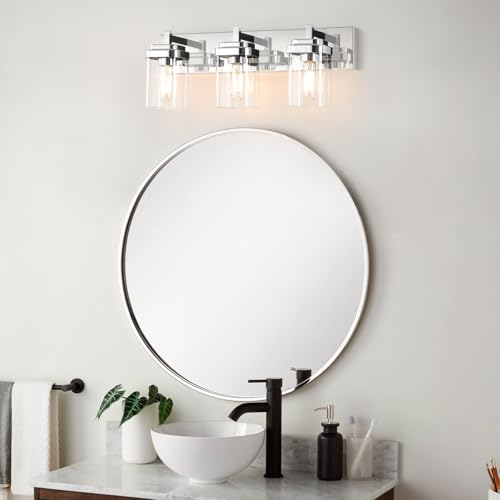 Image of SineRise Vanity Light Fixture,3-Light Vanity Light for Bathroom,Chrome Bathroom Vanity Lighting Over Mirror with Square Clear Glass Shade for Restroom