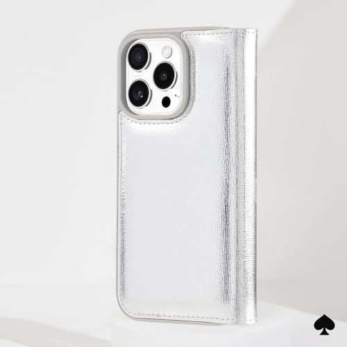 Image of kate spade new york Wallet Folio iPhone 16 Pro Case - Metallic Silver | Compatible with Wireless Charging - Designer Wallet Case for iPhone 16 Pro with Anti-Scratch Coating & Metallic Silver Design
