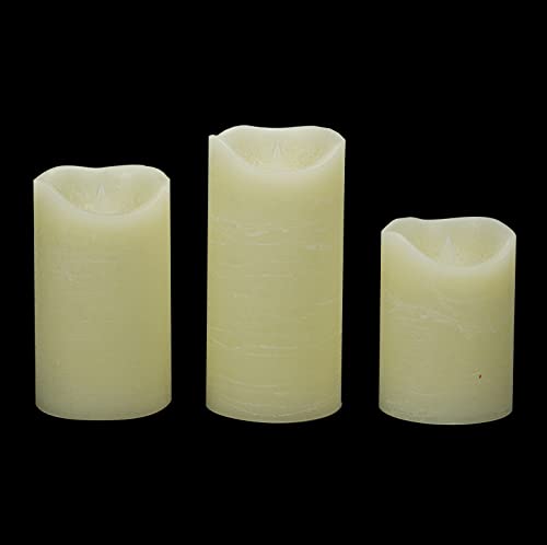 Image of CANDLE CHOICE Real Wax Battery Operated Flameless Candles with Remote Automatic Daily Cycle Timer Realistic Flickering Electric LED Pillars Wedding Party Holiday Decorations 3 PCS Rustic Texture Ivory