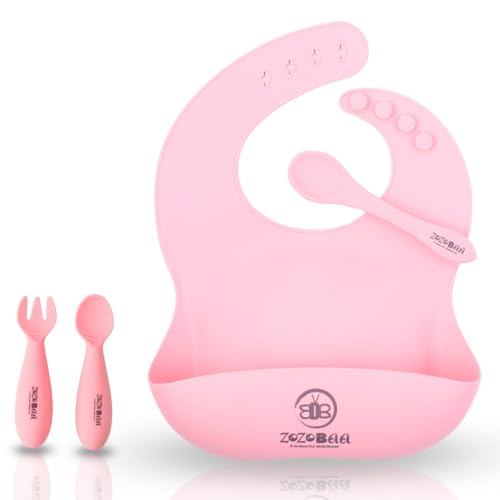 Image of Silicone Baby Bib with Spoon and Fork Set | Waterproof Adjustable Bib & First Stage Feeding Utensils for Infants & Toddlers | Soft Silicone Spoon for Baby 6 Months+,1 Set, Light Pink