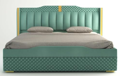 Image of MODESTY WOODS Cozy Upholstered Queen Size Bed with Box Storage for Bedroom | Elegant Wooden Double Bed with Storage | Platform Cot Palang with Upholstery Headboard | 6.5 x 5 Ft | Solid Wood | Grey