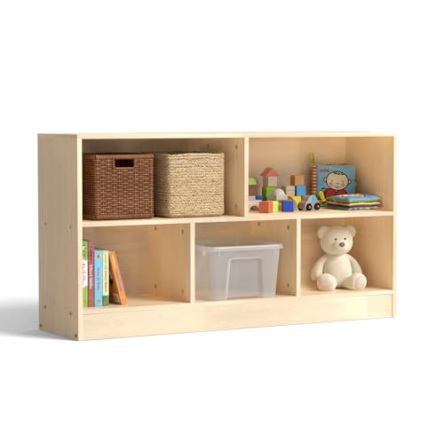 Image of Solid Rubber Wood Kids Storage Cabinet, 5-Section Toddler Montessori Bookshelf, Kids Organizer for Classroom, Playroom, Kindergarten, Medium Size