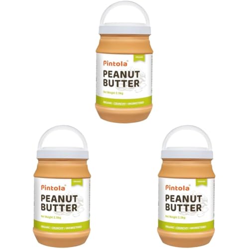 Image of Pintola Organic Unsweetened Peanut Butter Crunchy 2.5kg - High Protein 30g & 9g Dietary Fiber, Made with Organic Peanuts, No Added Sugar, No Preservatives (Pack of 3)