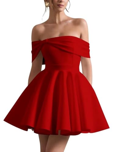 Generico off Shoulder Satin Homecoming Vestidos para Adolescentes Mangas abullonadas Vestidos de Baile Vestido de Novia Corto para la Novia con Lazo, rojo, 54