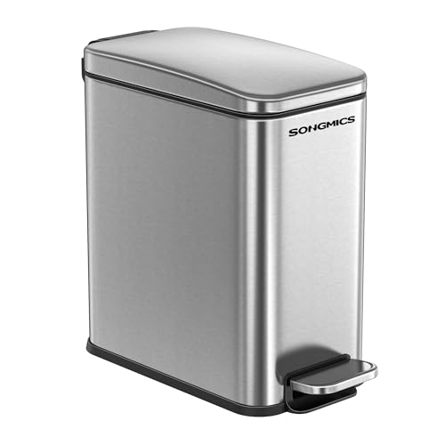 SONGMICS Cubo de Baño, Papelera Baño, Cubo Basura Pequeño de 10 L con Tapa, Cubo de Inodoro con Pedal, Delgada para Espacios Pequeños, Acero, Cierre Suave, Plata LTB561E10