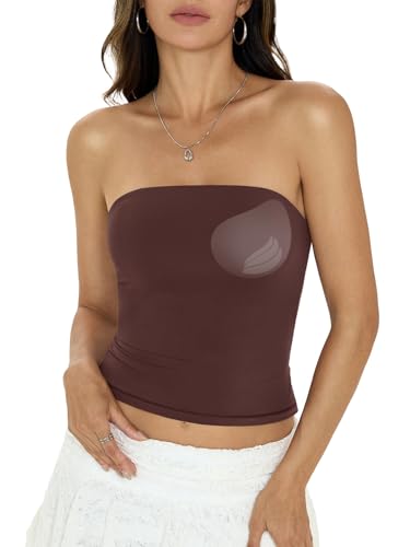 EasyGala Womens Padded Double Lined Tube Tops Non Slip Crop Strapless Bandeau Tops Sexy Going Out Tops Y4K Summer Outfit Built in Bra Sleeveless Tank Tops Basic Backless Shirts Brown M