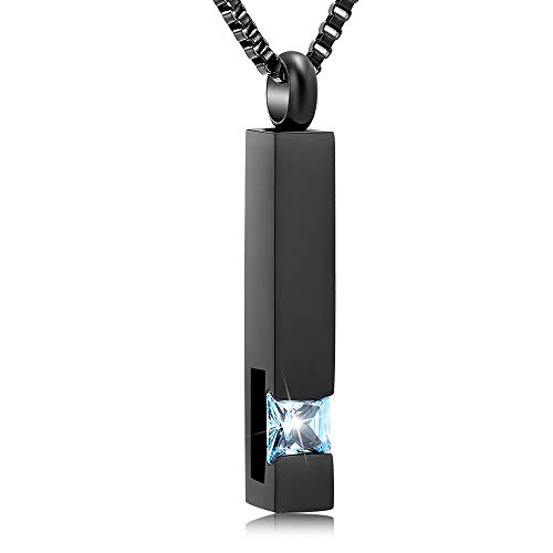 XSMZB Crystal Cremation Urn Jewelry Cube Memorial Ashes Necklace Pendant Keepsake- Black Birthstone Series(Light Blue)