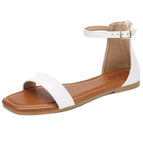 Image of katliu Women's Ankle Strap Flat Sandals One Band Dressy Sandals Square Open Toe Sandals for Summer with Back Zipper