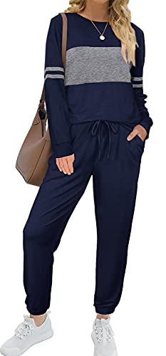 Round Neck Colorblock Sweatsuit For Women 2 Piece Striped Jogger Jumpsuit Navy L #TOP1