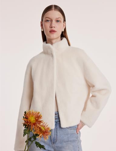 White Faux Fur Winter Coat for Women Short Stand Collar Eco-Friendly Fur Jacket Open Front2