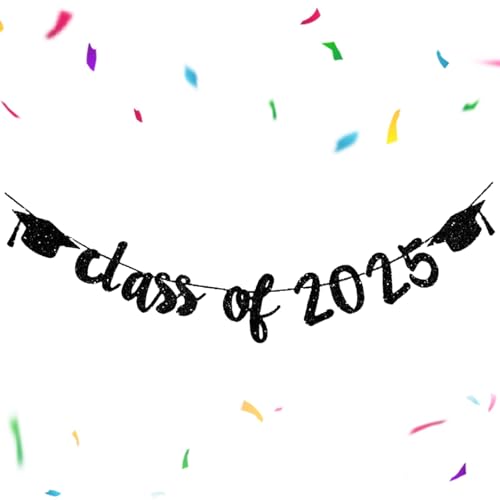 LUMOOM - LUMOOM Guirlande de remise de diplôme 2025 avec motif chapeau de diplômé, décoration de bachelor, guirlande de félicitations, guirlandes de remise de diplôme, pour baccalauréat et master (noir)