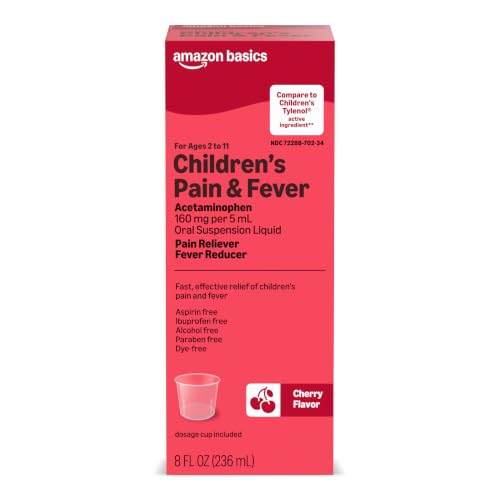 Amazon Basics Children's Pain and Fever, Acetaminophen 160 mg per 5 mL Oral Suspension, Dye-Free Cherry Flavor, Fever Reducer and Pain Reliever, 8 fl oz (Previously Care) - image 1