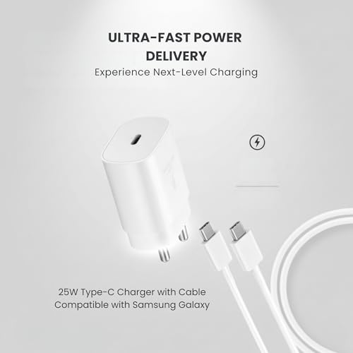 Image of 25W Type-C Charger with Cable Compatible with Samsung Galaxy S /A /M /F /Z Series Zovc Super Fast Charger for S23 /S22 /S21 /21 fe /S20 /M14 5G /M34 /M54 /M53 5g /M33 /M13 /A34 /A54 5G(BIS Certified)